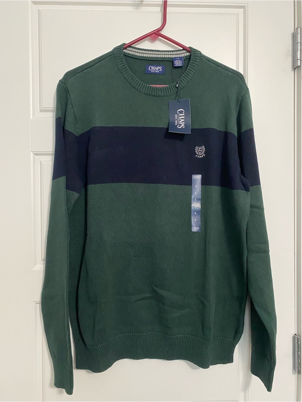 Chaps Men's Forest Green and Navy Stripe Crewneck Sweater